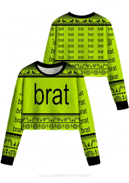 Green Brat Y2K Christmas Crop Knit Sweatshirt Cherrykitten