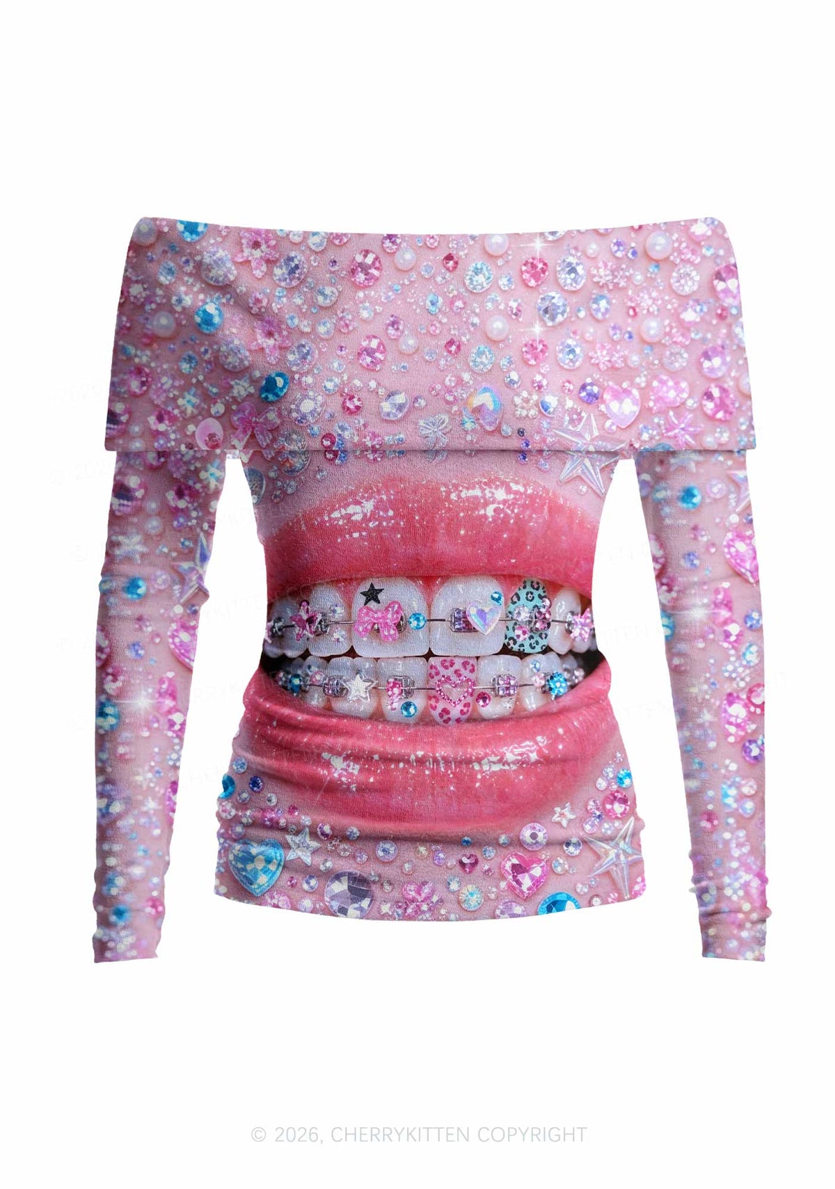 Sparkle Braced Mouth Art Y2K Off Shoulder Fold Over Knit Top Cherrykitten