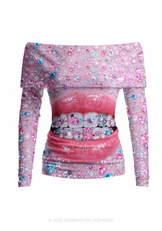 Sparkle Braced Mouth Art Y2K Off Shoulder Fold Over Knit Top Cherrykitten