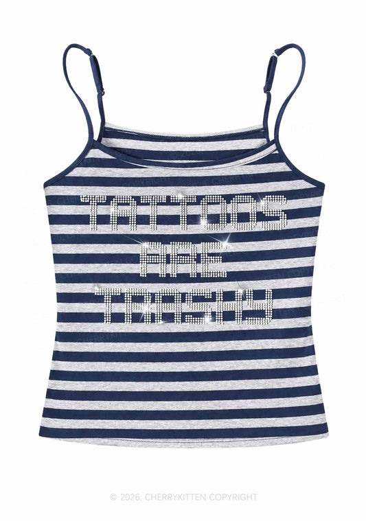 Rhinestone Tattoos Are Trashy Y2K Navy Grey Striped Spaghetti Strap Cami Cherrykitten