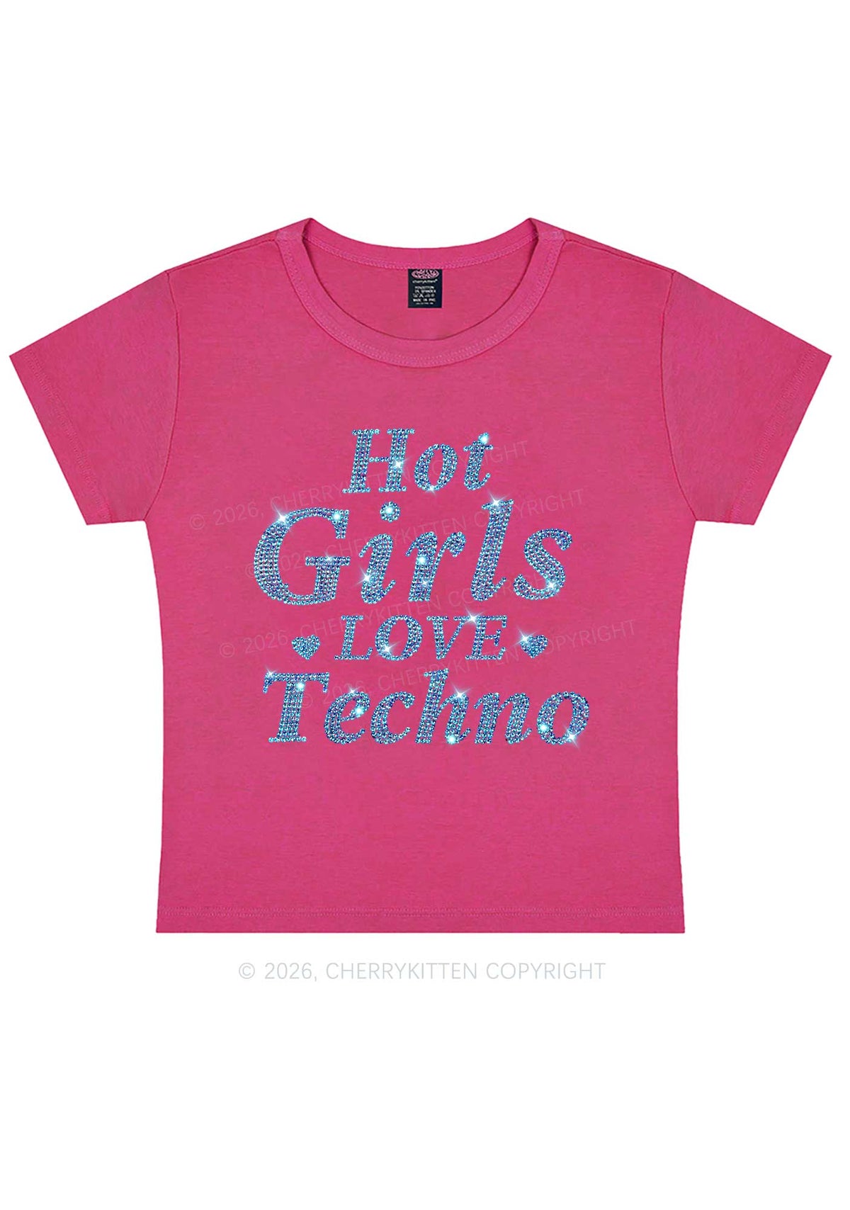 Rhinestone Blue Hot Girls Love Techno Y2K Baby Tee Cherrykitten