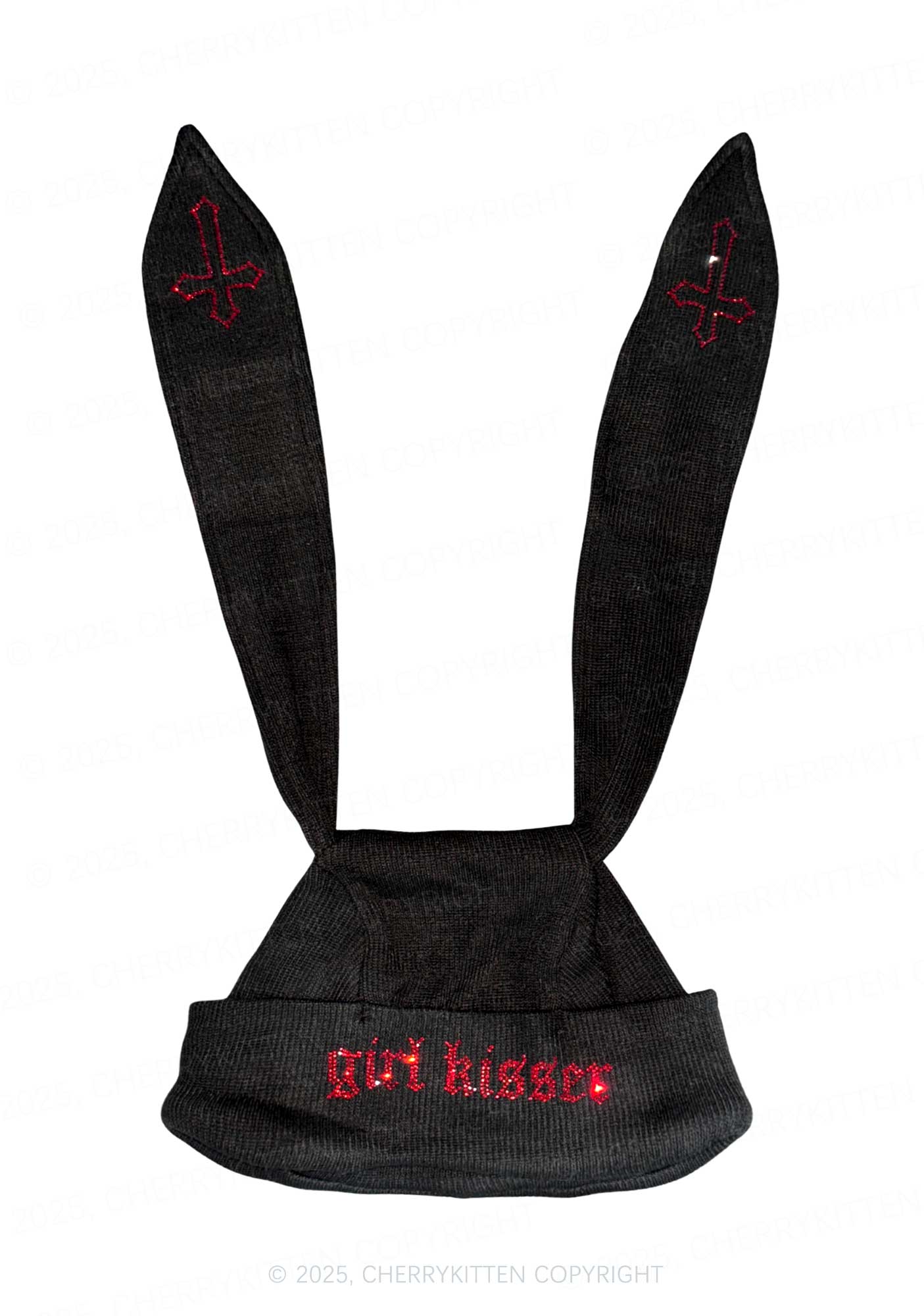 Rhinestone Girl kisser Pride Y2K Bunny Ear Knitted Hat Cherrykitten