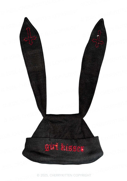 Rhinestone Girl kisser Pride Y2K Bunny Ear Knitted Hat Cherrykitten