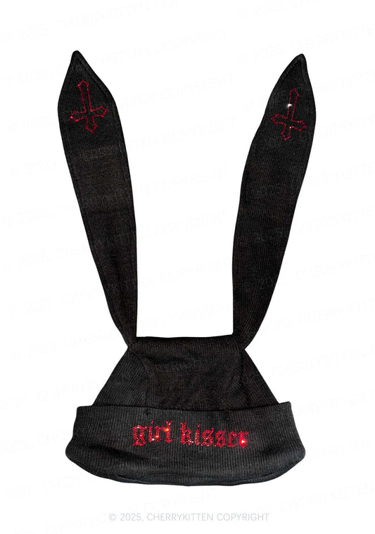 Rhinestone Girl kisser Pride Y2K Bunny Ear Knitted Hat Cherrykitten