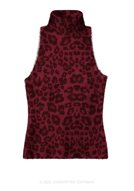 Wine Red Leopard Y2K Knit Turtleneck Tank Top Cherrykitten