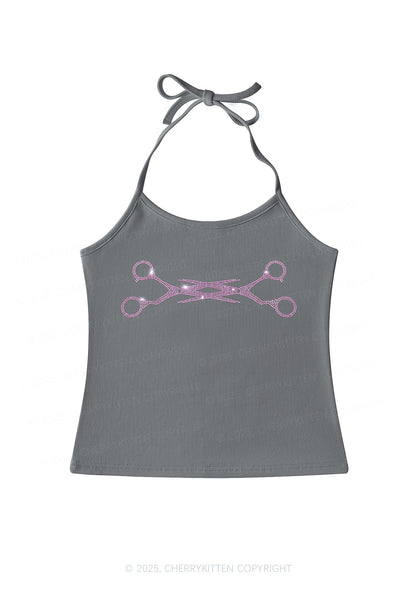 Rhinestone Pink Scissor Pride Y2K Halter Neck Cami Cherrykitten