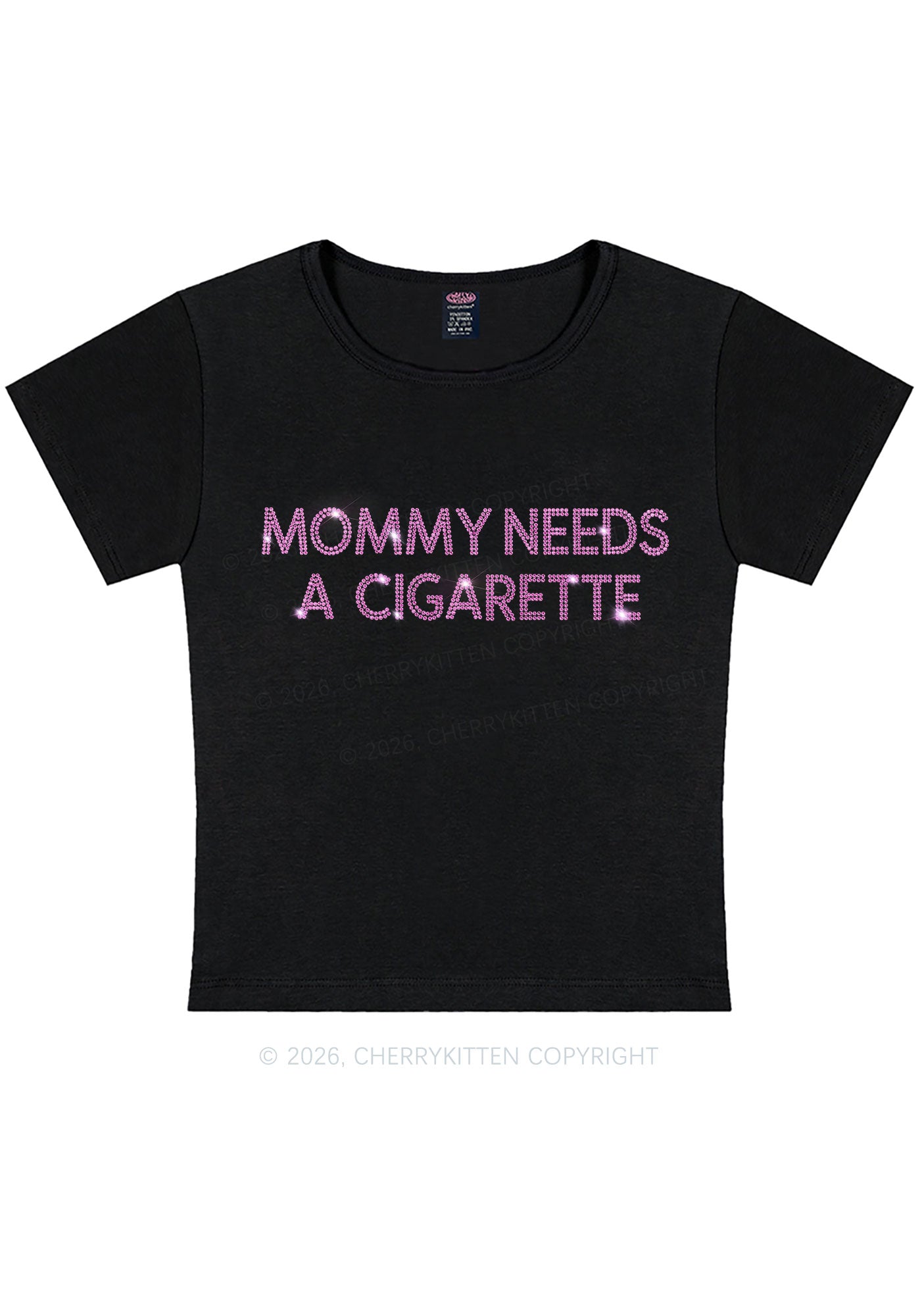 Rhinestone Mommy Needs Cigarette Y2K Baby Tee Cherrykitten
