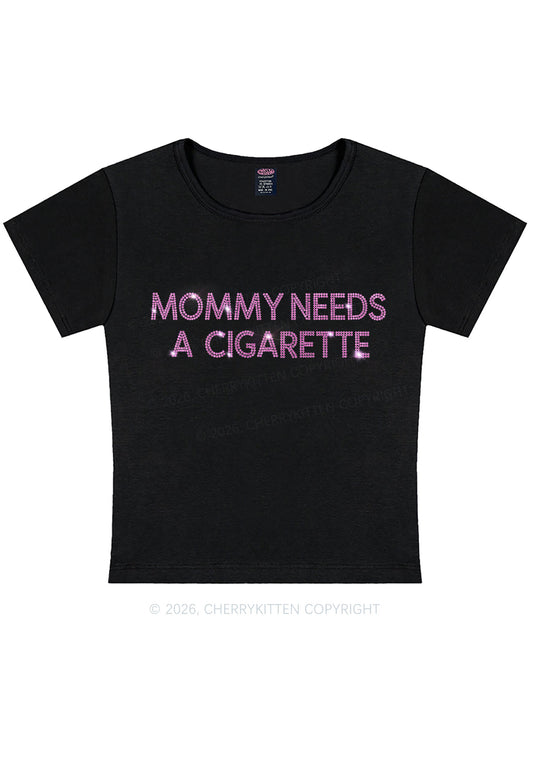 Rhinestone Mommy Needs Cigarette Y2K Baby Tee Cherrykitten