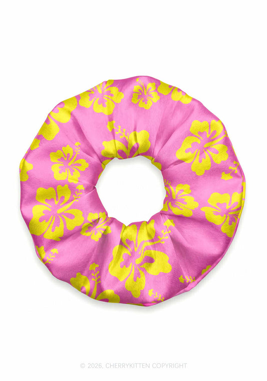 Yellow Floral On Pink Y2K Hair Scrunchie Cherrykitten