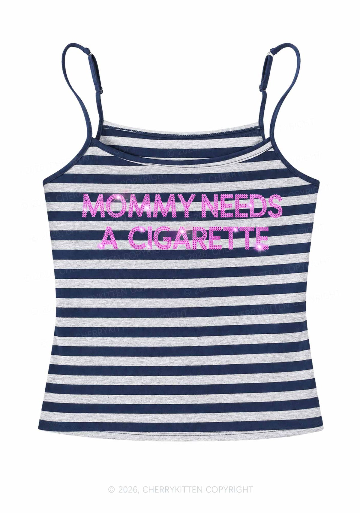 Rhinestone Mommy Needs Cigarette Y2K Navy Grey Striped Spaghetti Strap Cami Cherrykitten