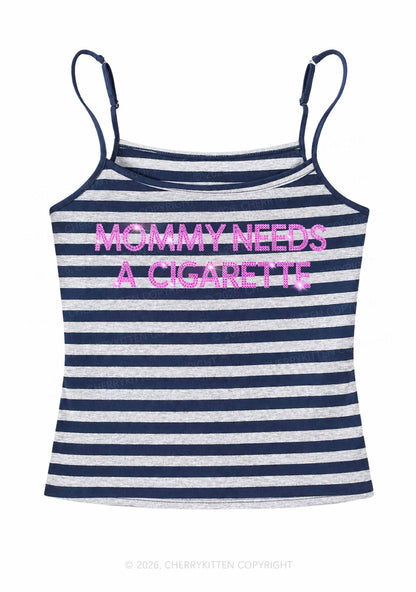Rhinestone Mommy Needs Cigarette Y2K Navy Grey Striped Spaghetti Strap Cami Cherrykitten