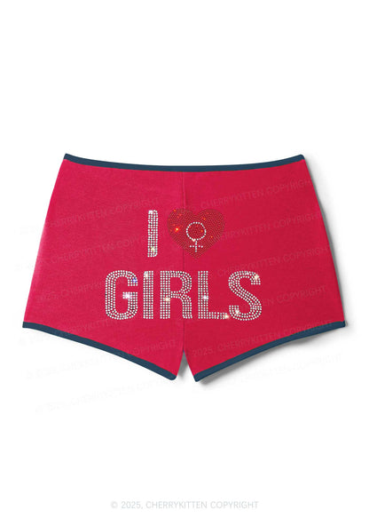 Rhinestone I Love Girls Pride Y2K Booty Shorts Cherrykitten