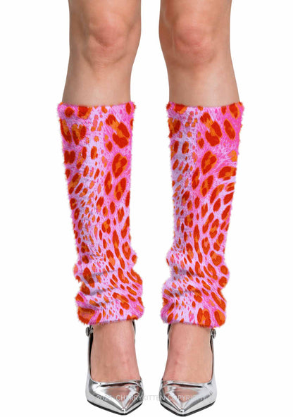 Pink And Orange Leopard Y2K Print Fuzzy Straight Leg Warmers Cherrykitten
