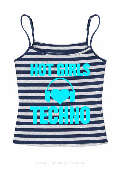 Hot Girls Love Techno Y2K Navy Grey Striped Spaghetti Strap Cami Cherrykitten