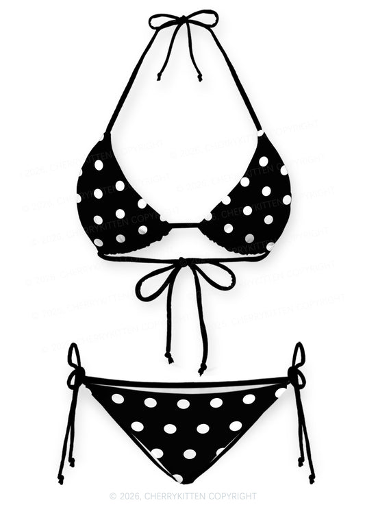 White Dots On Black Y2K Print Bikini Set Cherrykitten