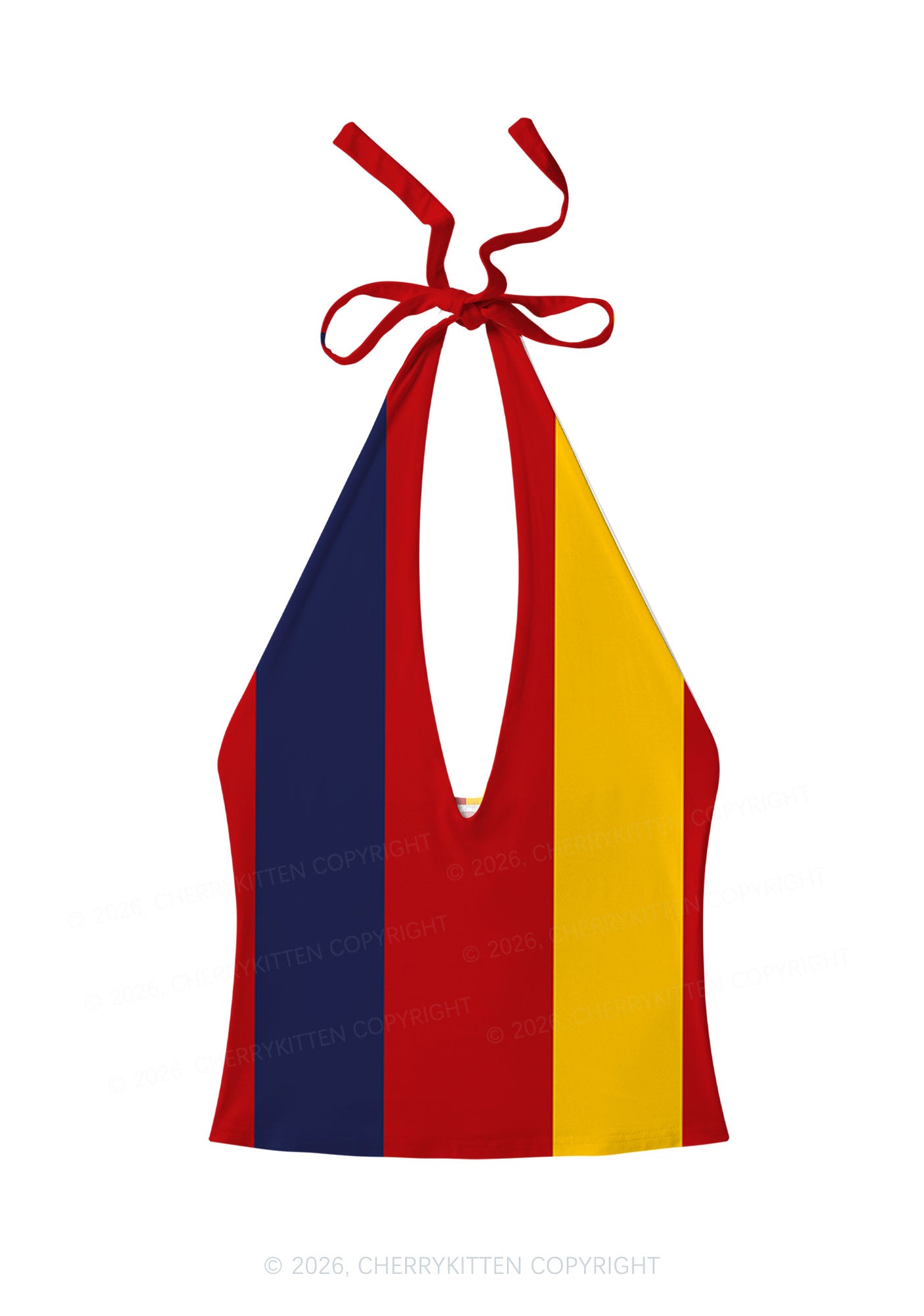 Red Navy Yellow Vertical Stripe Y2K Print Halter Deep V Neck Cami Cherrykitten