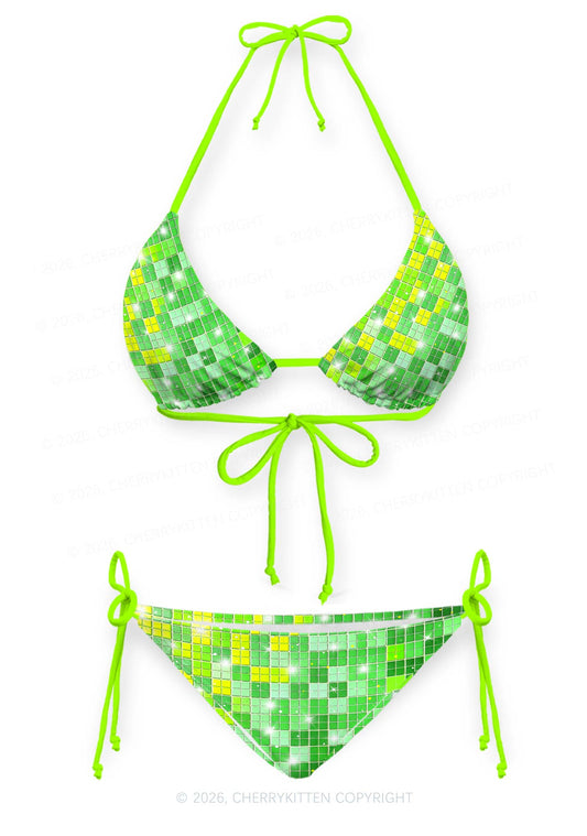 Green Disco Ball Grid Y2K Print Bikini Set Cherrykitten