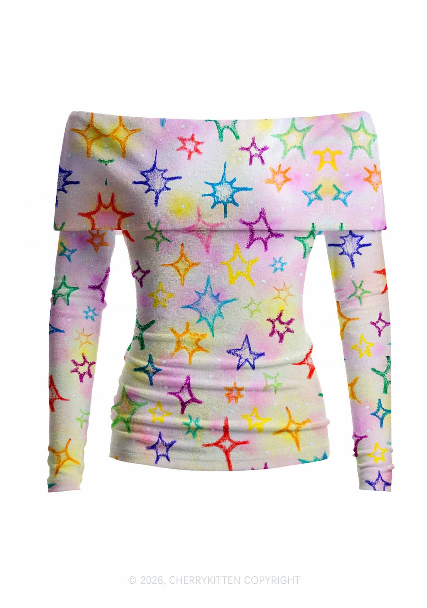 Rainbow Star Y2K Off Shoulder Fold Over Knit Top Cherrykitten