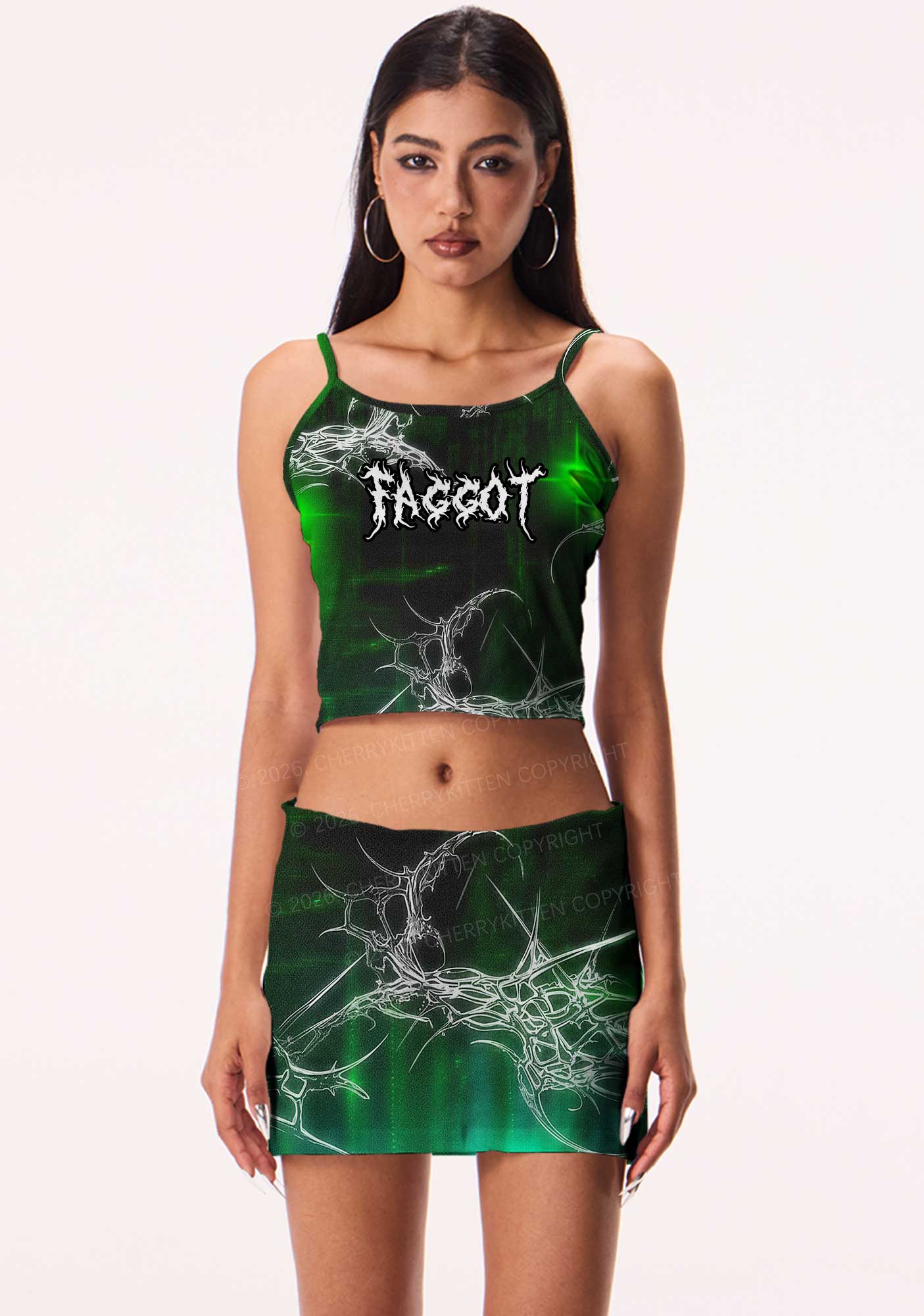 Green Gothic Faggot Pride Y2K Print Cami Crop Top Cherrykitten