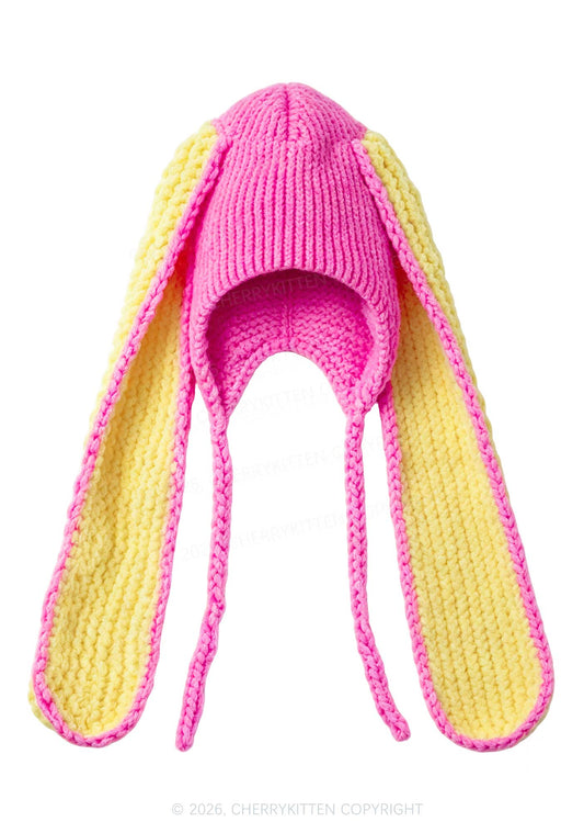 Halloween Pink And Yellow Bunny Ear Y2K Knitted Hat Cherrykitten