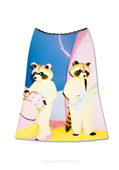 Raccoon Band Y2K Print Midi Skirt Cherrykitten