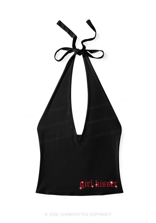 Rhinestone Girl Kisser Y2K Halter Deep V Neck Cami Cherrykitten
