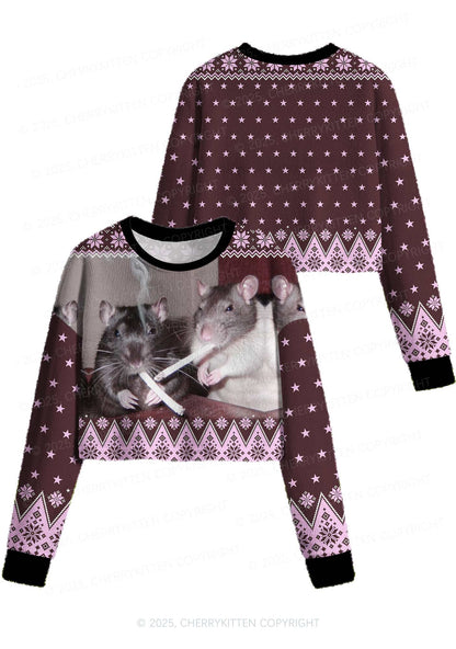 Brown Smoking Rats Y2K Christmas Crop Knit Sweatshirt Cherrykitten