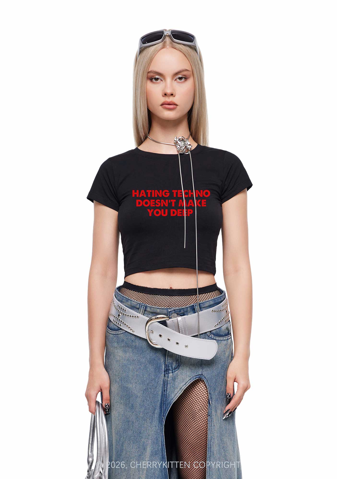 Hating Techno Doesnt Make You Deep Y2K Baby Tee Cherrykitten