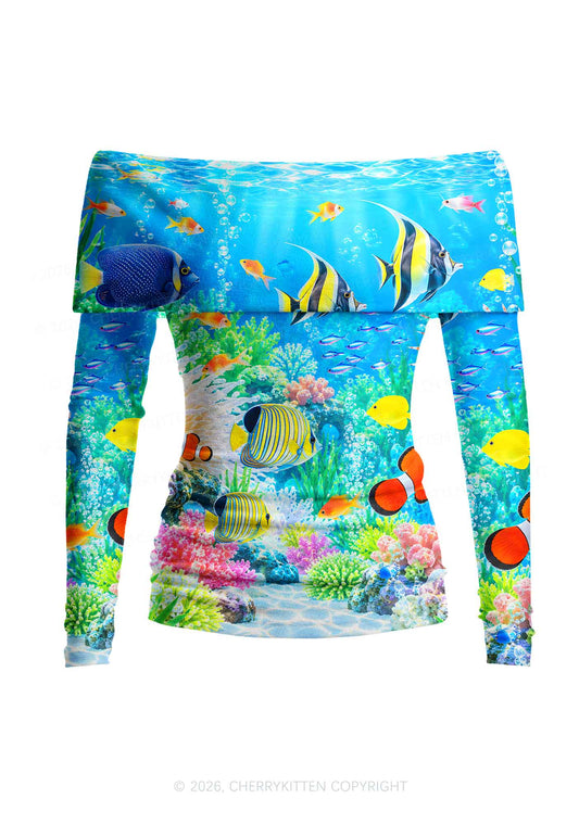 Ocean Fish Y2K Off Shoulder Fold Over Knit Top Cherrykitten