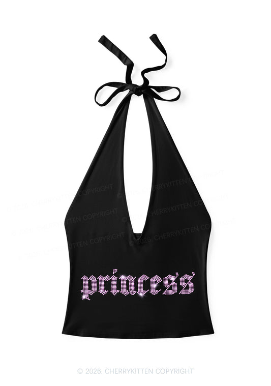 Rhinestone Pink Princess Y2K Halter Deep V Neck Cami Cherrykitten