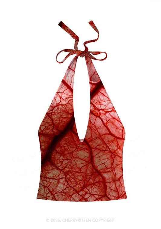 Halloween Red Blood Vessel Y2K Print Halter Deep V Neck Cami Cherrykitten