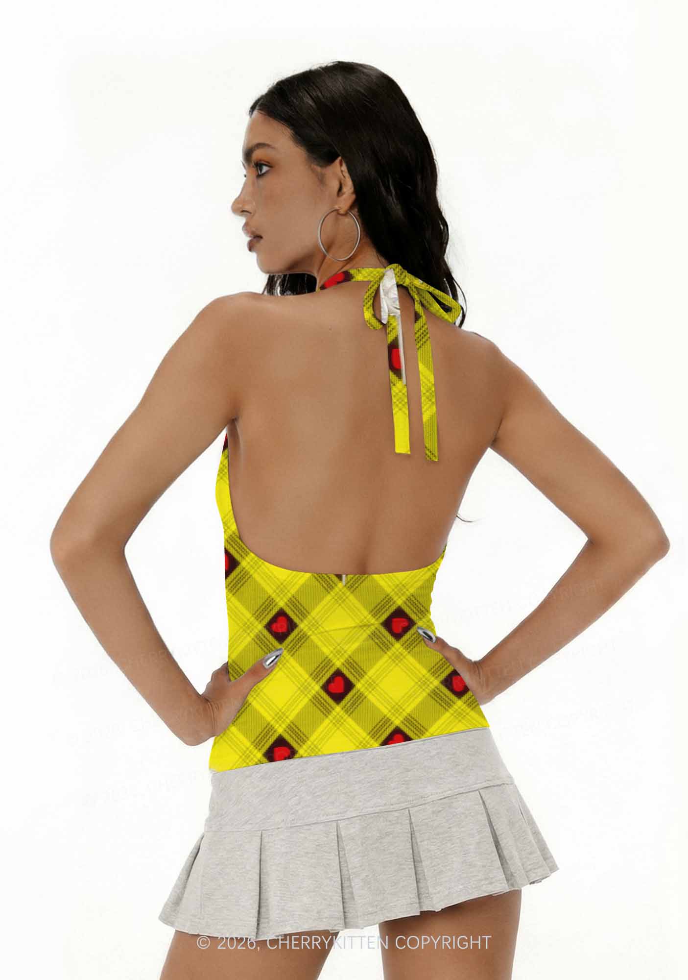 Star Chain and Hearts Y2K Print Halter Deep V Neck Cami Cherrykitten