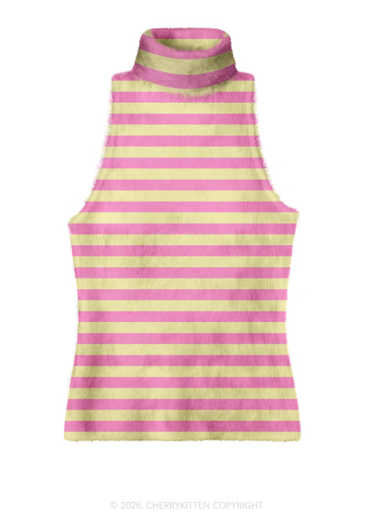 Pink Yellow Stripes Y2K Knit Turtleneck Tank Top Cherrykitten