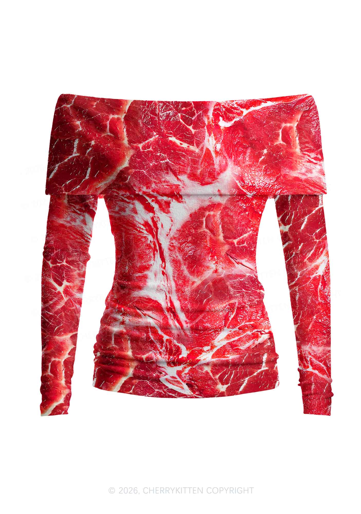 Beef Steak Texture Y2K Off Shoulder Fold Over Knit Top Cherrykitten