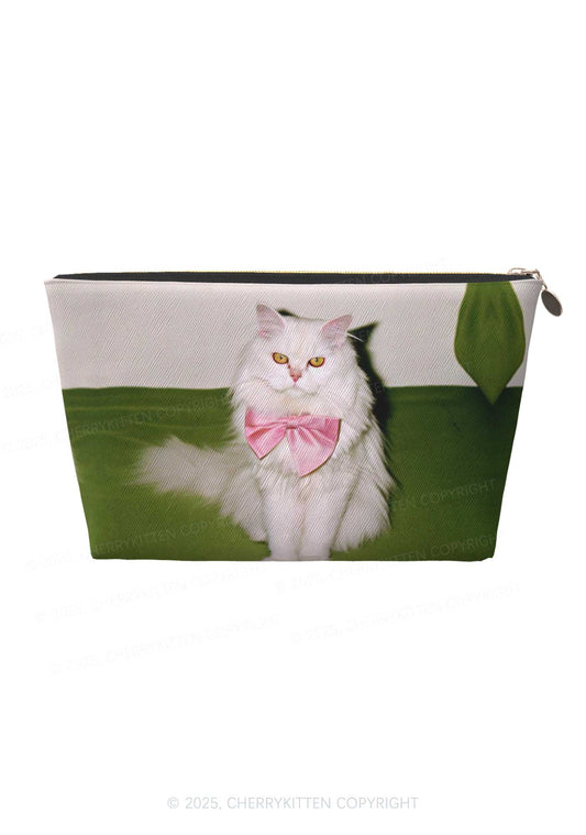 Pink Bow Cat Y2K Leather Makeup Bag Cherrykitten
