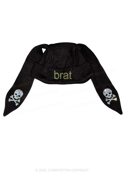 Rhinestone Green Brat Y2K Bunny Ear Knitted Hat Cherrykitten