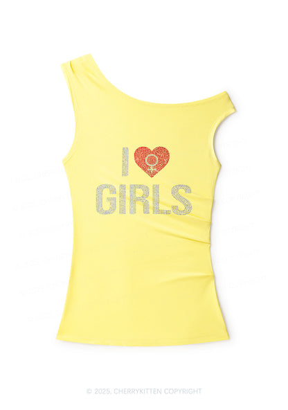 Rhinestone I Love Girls Pride Y2K Off Shoulder Tank Top Cherrykitten