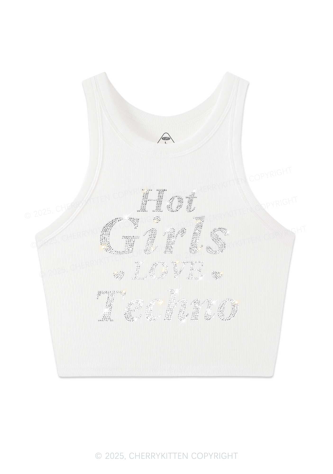 Rhinestone Hot Girls Love Techno Y2K Crop Tank Top Cherrykitten