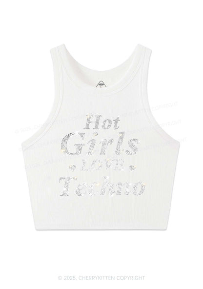 Rhinestone Hot Girls Love Techno Y2K Crop Tank Top Cherrykitten