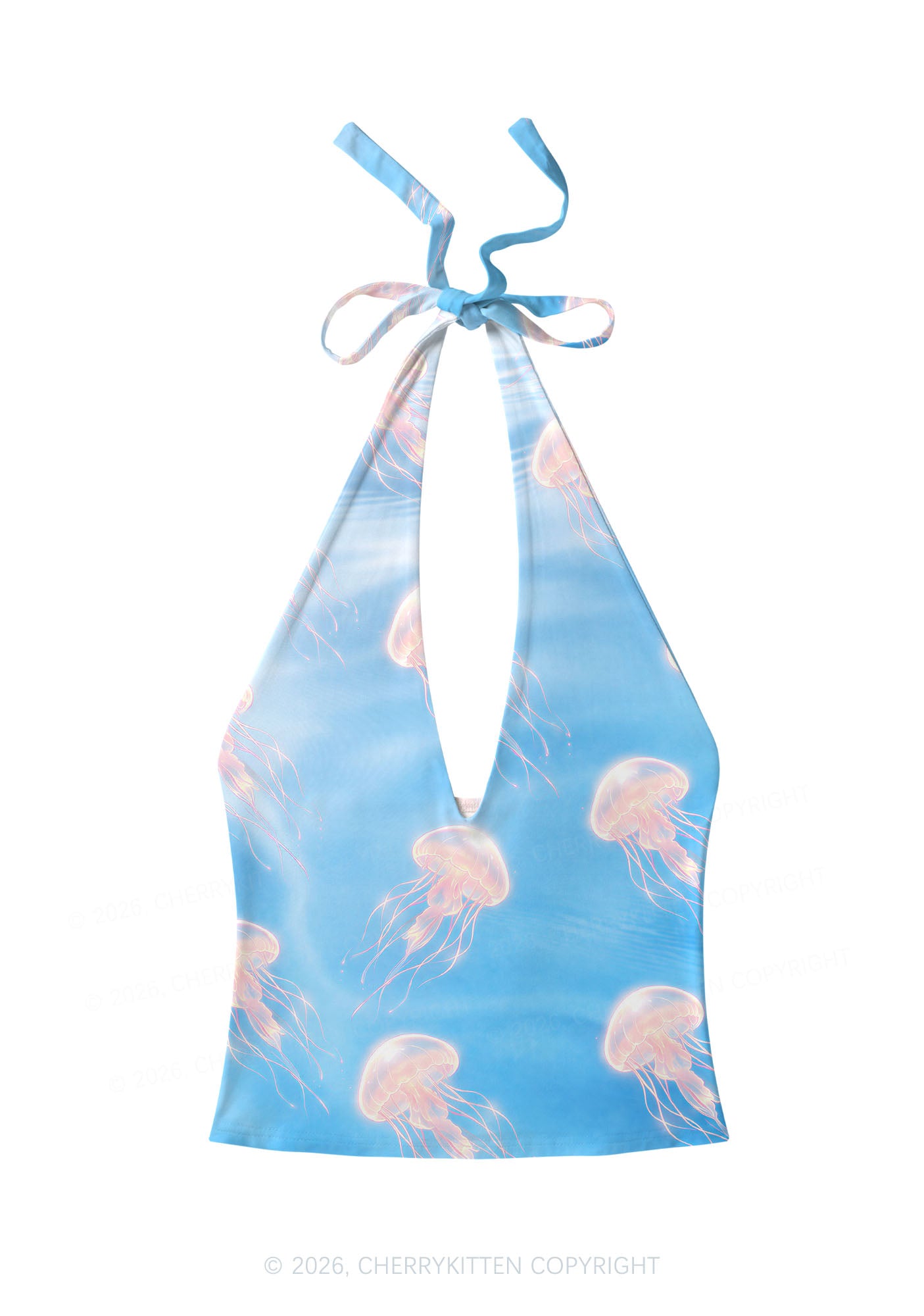 Pink Jellyfish Underwater Y2K Print Halter Deep V Neck Cami Cherrykitten