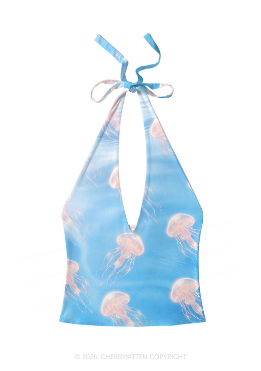 Pink Jellyfish Underwater Y2K Print Halter Deep V Neck Cami Cherrykitten