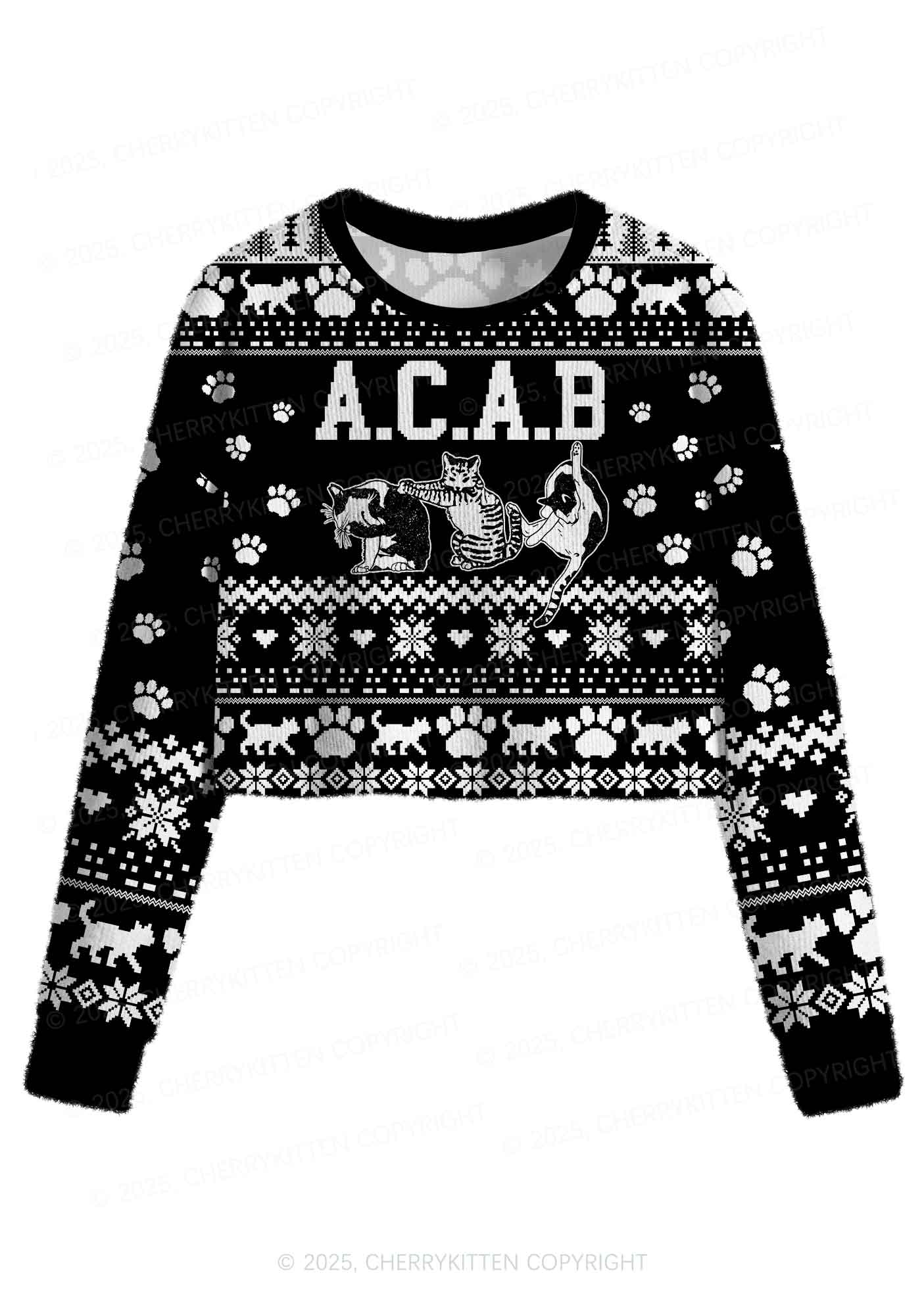Black ACAB Cats Y2K Christmas Crop Knit Sweatshirt Cherrykitten