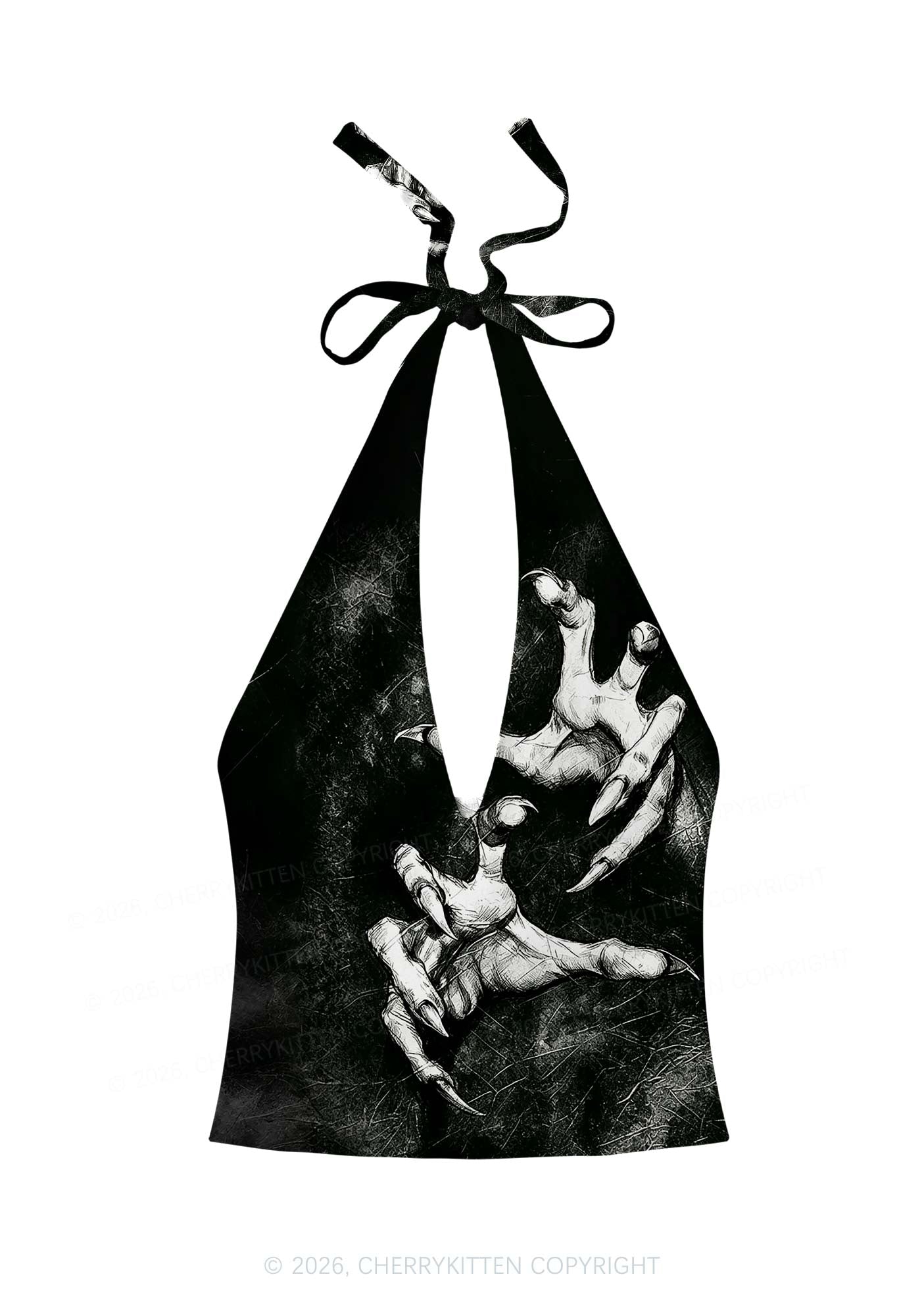 Halloween Black Demon Claws Y2K Print Halter Deep V Neck Cami Cherrykitten