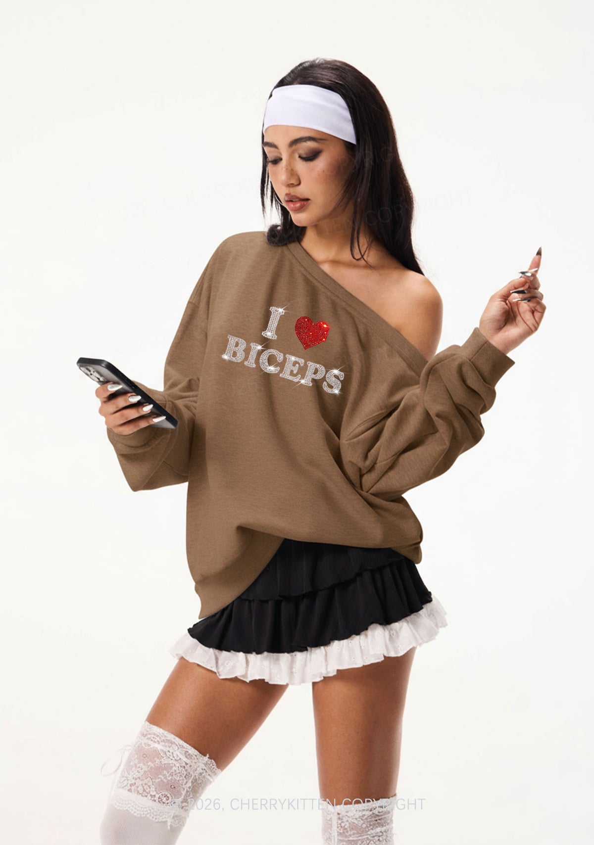 Rhinestone I Love Biceps Y2K Off Shoulder Sweatshirts Cherrykitten