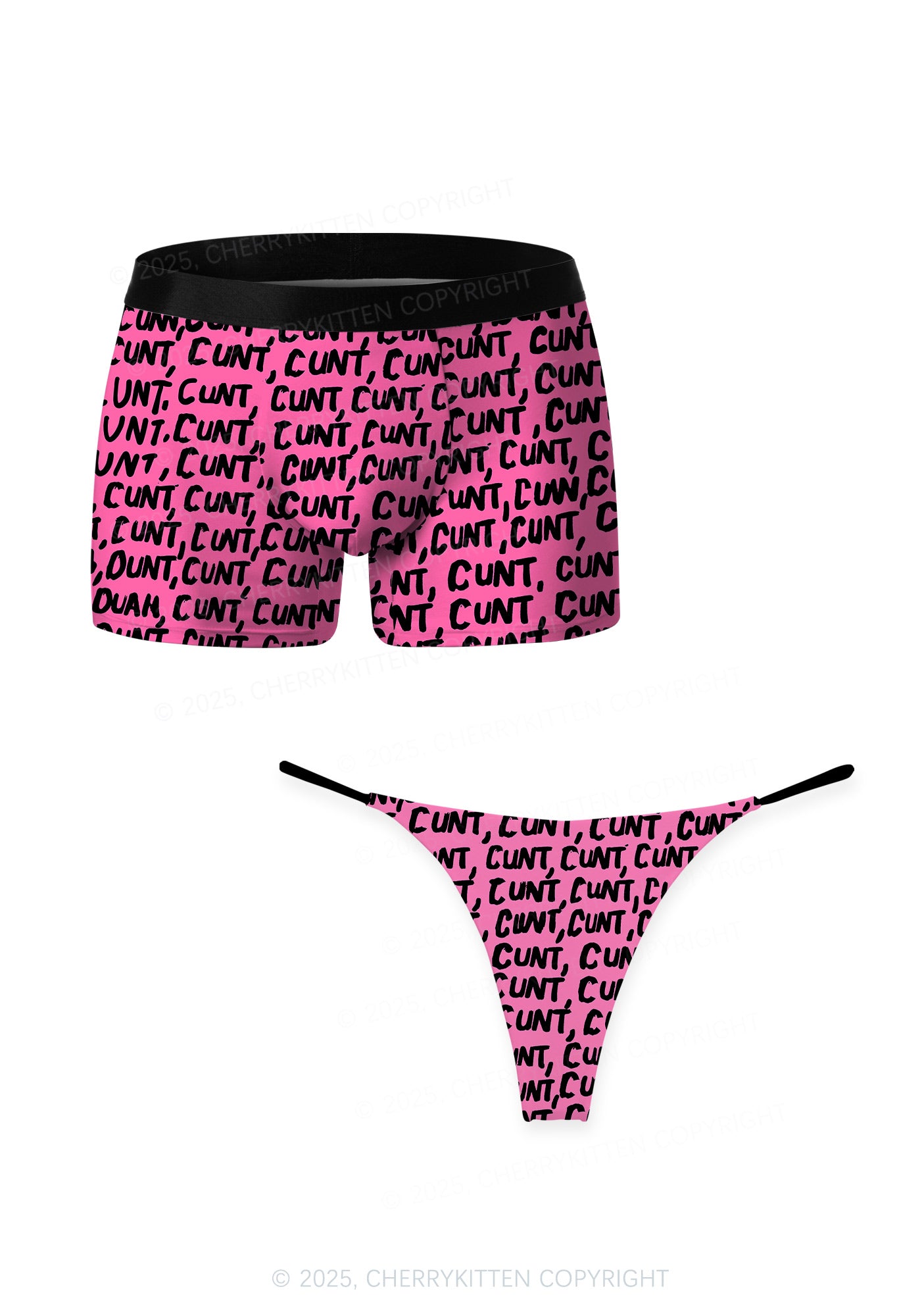 Black Cxxt On Pink Valentine's Day Y2K Print Couples Boxer Thong Set Cherrykitten