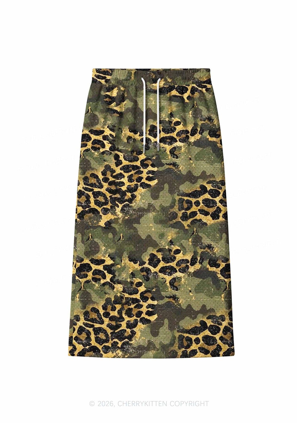 Green Camouflage And Leopard Y2K Sport Jersey Drawstring Midi Skirt Cherrykitten