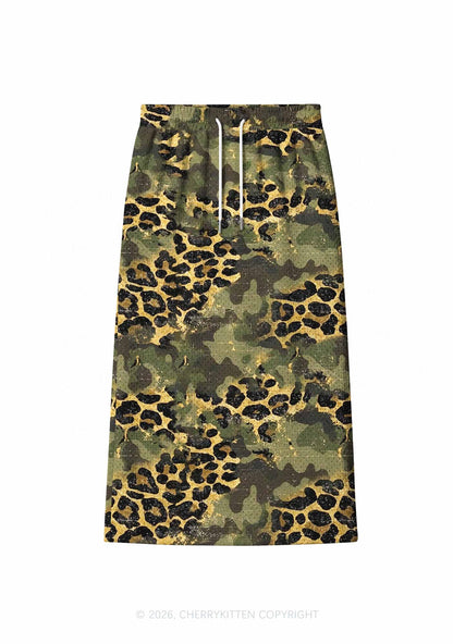Green Camouflage And Leopard Y2K Sport Jersey Drawstring Midi Skirt Cherrykitten