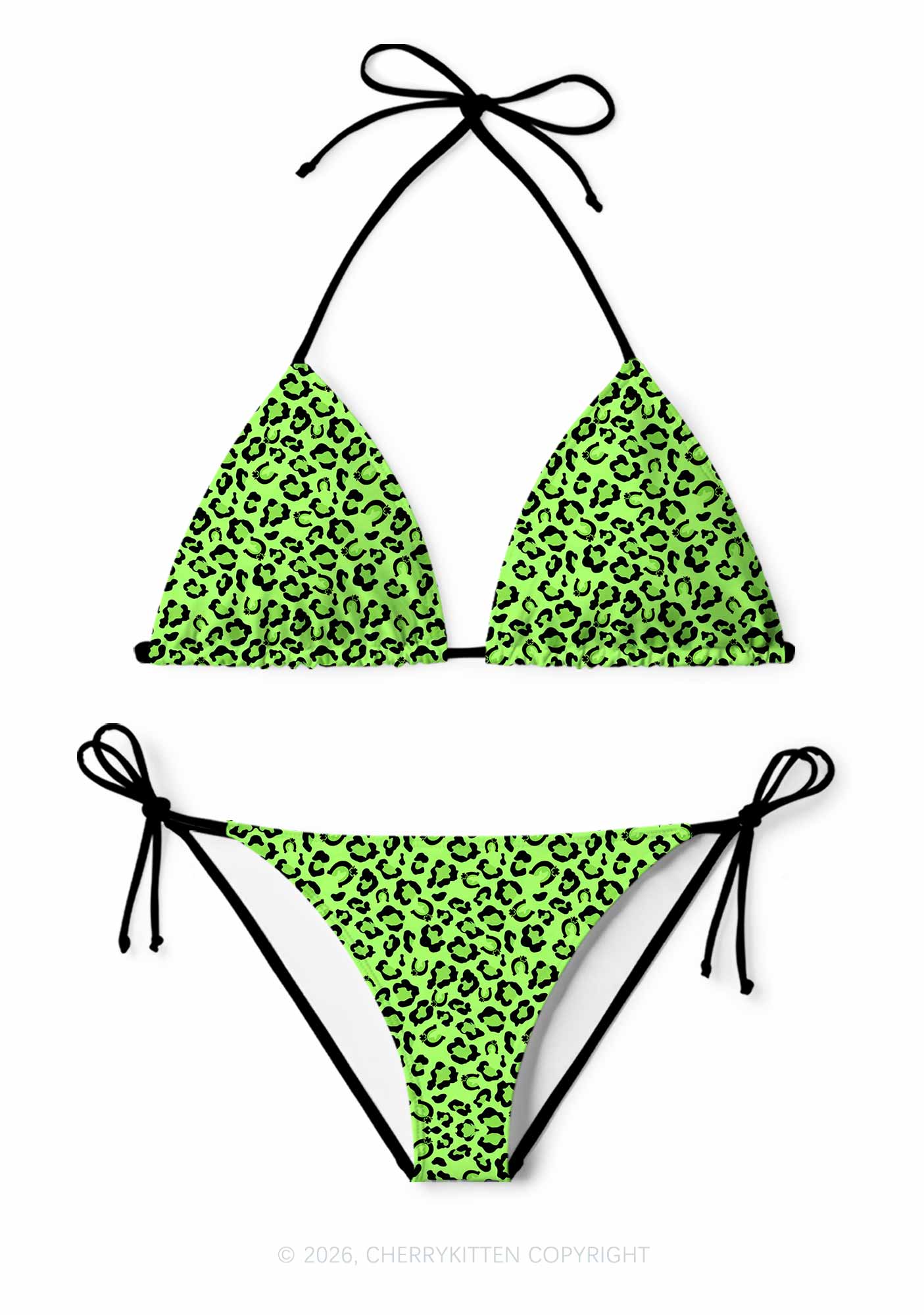 Fluorescent Green Leopard St Patricks Y2K Print Bikini Set Cherrykitten