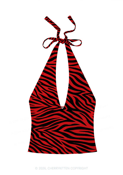 Halloween Red Zebra Stripe Y2K Print Halter Deep V Neck Cami Cherrykitten