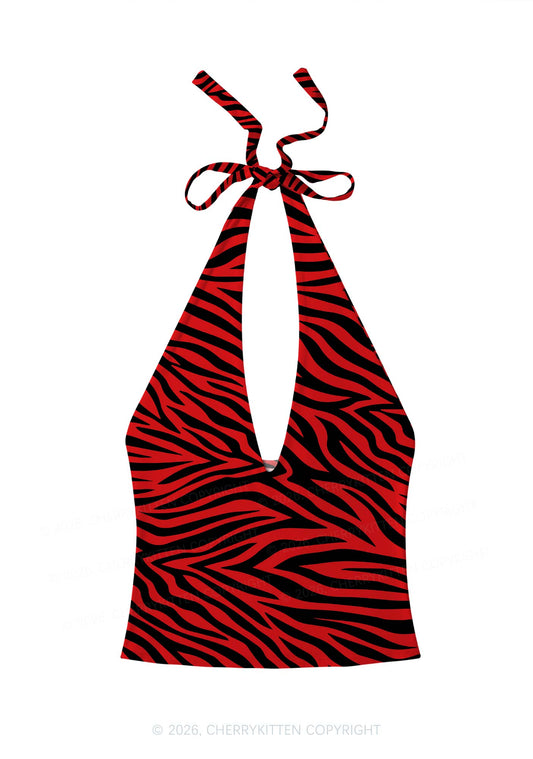 Halloween Red Zebra Stripe Y2K Print Halter Deep V Neck Cami Cherrykitten